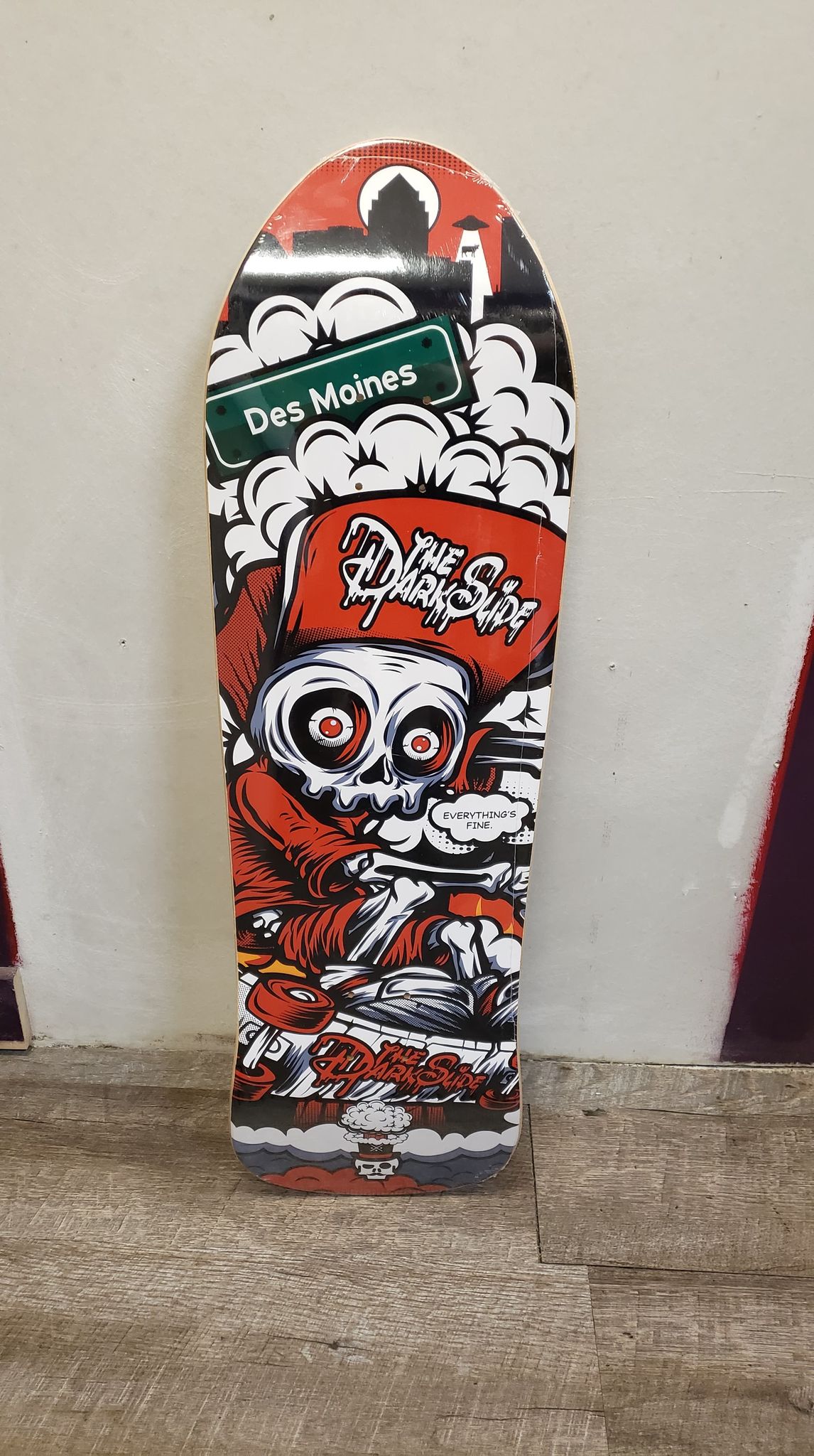 The Dark Slide x Skullduggery "Everything's Fine" 80's Fishtail Shape 9.25" Skateboard Deck