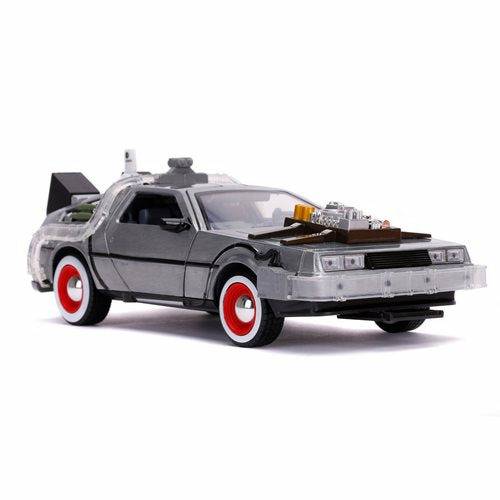 Back to the Future Part III die-cast (white-wall version) 1:24 scale "Hollywood Rides" light-up DeLorean Time Machine