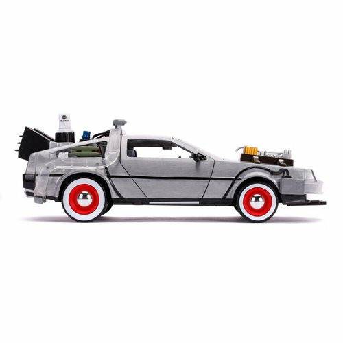 Back to the Future Part III die-cast (white-wall version) 1:24 scale "Hollywood Rides" light-up DeLorean Time Machine