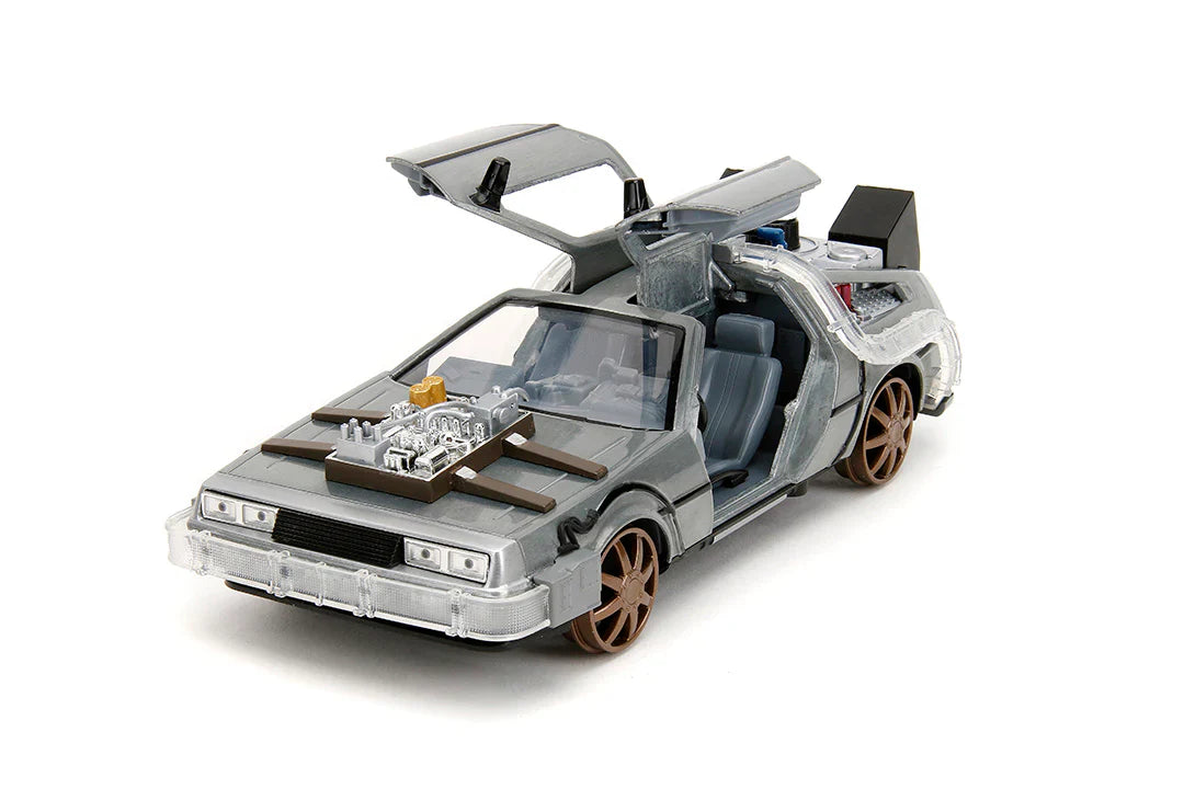 Back to the Future Part III (rail version) die-cast 1:24 scale "Hollywood Rides" light-up DeLorean Time Machine