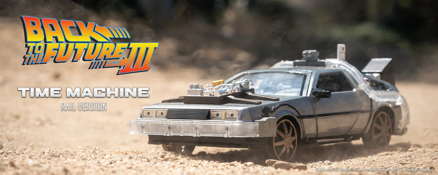 Back to the Future Part III (rail version) die-cast 1:24 scale "Hollywood Rides" light-up DeLorean Time Machine