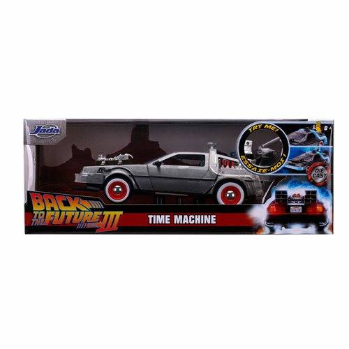 Back to the Future Part III die-cast (white-wall version) 1:24 scale "Hollywood Rides" light-up DeLorean Time Machine