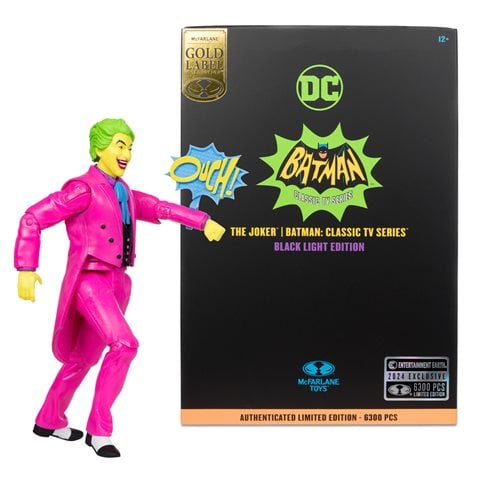 McFarlane Toys DC Retro The Joker Batman: Classic TV Series Black Light Gold Label 6-Inch Action Figure - Entertainment Earth Exclusive