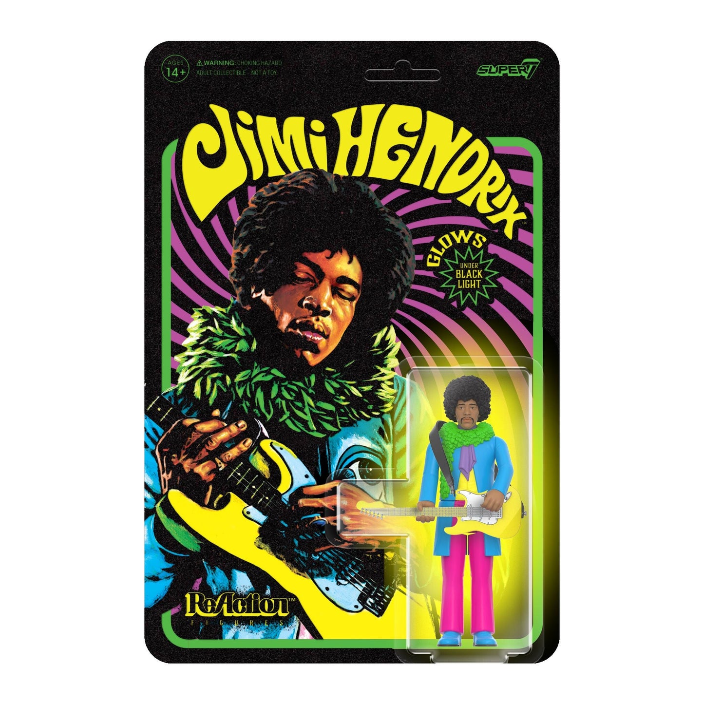 Super7 x Jimi Hendrix Blacklight (Are You Experienced) ReAction Figure on Flocked Cardback