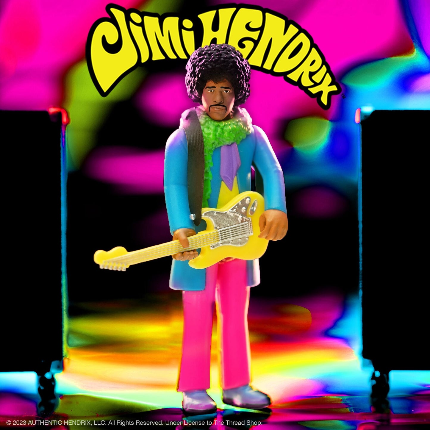 Super7 x Jimi Hendrix Blacklight (Are You Experienced) ReAction Figure on Flocked Cardback