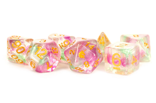 Unicorn Resin Polyhedral Dice Set- Celestial Blossom